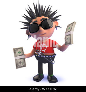 L'image rendue en 3d d'un riche personnage de punk rock en 3D maintenant les bottes de US dollar bills Banque D'Images