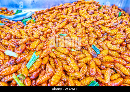 Le tas de larves frites, un très populaire en Thaïlande, snack à l'marché en plein centre de Bangkok, Thaïlande Banque D'Images