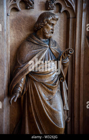 Sculpté, chaire de l'église St Wendreda, mars. Banque D'Images