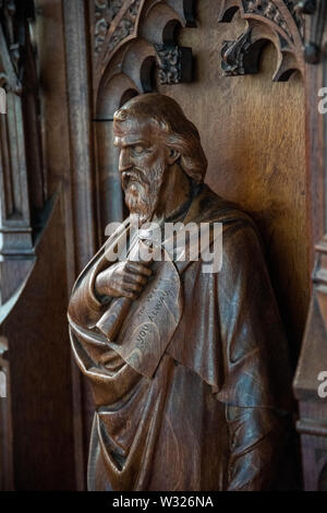 Sculpté, chaire de l'église St Wendreda, mars. Banque D'Images