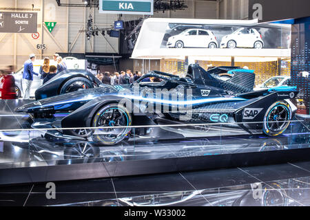 Genève, mars 2019 Mercedes Silver Arrow EQ 01 FIA SAP Formule E, Salon de Genève, voiture de course électrique produit par Mercedes Benz Banque D'Images