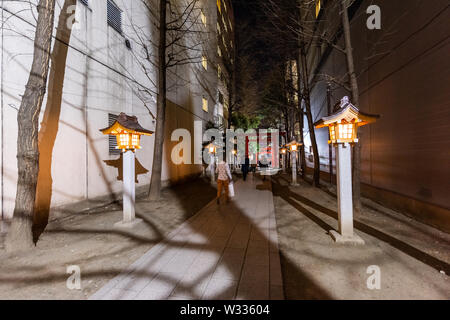 Tokyo, Japon - 4 Avril, 2019 : Hanazono Shrine à Shinjuku avec inari temple, torii rouge portes avec les gens dans la saison des cerisiers en fleur fleur de nuit Banque D'Images