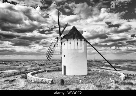 Moulin à Alcázar de San Juan. Castilla La Mancha. L'Espagne. Noir et blanc. Banque D'Images