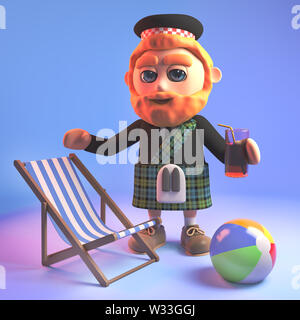 L'homme en kilt écossais détendu en vacances avec sa chaise, beachball et boire, illustration 3D render Banque D'Images