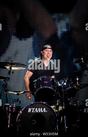 Copenhague, Danemark. 11 juillet, 2019. Copenhague, Danemark. Juillet 11th, 2019. Le groupe de heavy metal américain Metallica effectue des concerts en direct à Telia Parken de Copenhague. Ici le batteur Lars Ulrich est vu sur scène. (Photo crédit : Gonzales Photo/Alamy Live News Banque D'Images