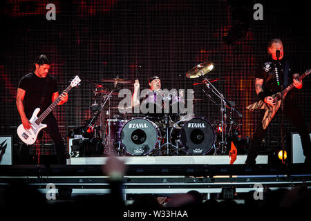 Copenhague, Danemark. 11 juillet, 2019. Copenhague, Danemark. Juillet 11th, 2019. Le groupe de heavy metal américain Metallica effectue des concerts en direct à Telia Parken de Copenhague. Ici le batteur Lars Ulrich est vu sur scène. (Photo crédit : Gonzales Photo/Alamy Live News Banque D'Images