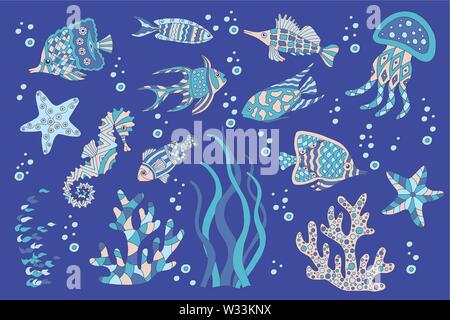 Peint et dessiné à la main Ensemble de poissons de mer, mer, coraux, algues, méduses, hippocampes Illustration de Vecteur