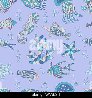 Résumé motif mignon sans couture avec du poisson de mer, mer, coraux, algues, méduses, hippocampes sur fond violet Illustration de Vecteur