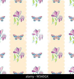 Dessiné à la main style vintage papillons et fleurs design. Vecteur géométrique verticale transparente avec motif rayures pastel sur fond blanc. Super pour Illustration de Vecteur
