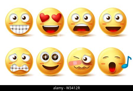 Smiley face vector set. Icônes smileys et émoticônes avec drôle, heureux, pas mal, le chant et les expressions du visage dans la couleur jaune isolé dans White Illustration de Vecteur