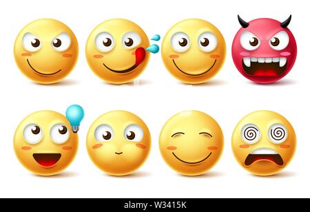 Icône Smileys vector set. Émoticônes et smileys heureux, affamé, coquine, pensant, Dizzy et le mal d'expressions du visage isolé en fond blanc. Illustration de Vecteur