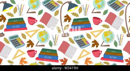 Retour à l'école. Télévision, modèle sans couture horizontale vecteur à main levée avec de la papeterie, des livres et d'autres sur un fond blanc Illustration de Vecteur