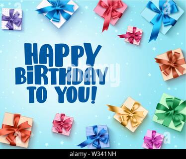 Joyeux anniversaire conception de cartes de souhaits avec des éléments et des cadeaux d'anniversaire joyeux anniversaire texte en fond bleu. Vector illustration Illustration de Vecteur