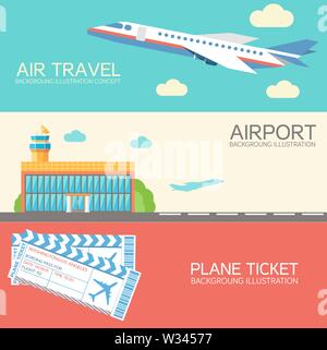 Ensemble de bannières horizontales avec avion en vol dans le ciel, l'aéroport d'embarquement. Voyage cadeaux modèle de pièce. La conception de scénario pour le tourisme et business air Illustration de Vecteur