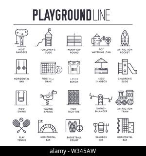 Aire de jeu de fine ligne icônes isolé sur blanc. Jeux et jouets pour enfants dans les grandes lignes de la zone de collecte de pictogrammes. Activités pour enfants, l'Amu playpit Illustration de Vecteur