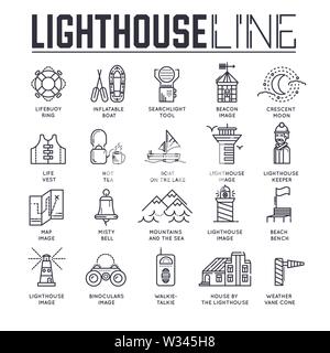 Ensemble d'icônes phares fine ligne isolé sur blanc. Mer, océan, et l'équipement de sauvetage pictogrammes contour collection. Logos maritime. Na Illustration de Vecteur