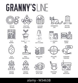 Ensemble de la maison de grand-mère, le mode de vie les choses et de l'alimentation fine ligne d'icônes sur blanc. Les personnes âgées, effets personnels contours pictogrammes collection. Grannies hobbie Illustration de Vecteur