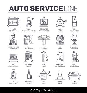 Ensemble de service auto fine ligne icônes isolé sur blanc. Contours d'outils de travail et de mécanicien automobile parts pictogrammes collection. Logos de garage. Location repai Illustration de Vecteur