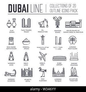 Ensemble de symboles de la culture et les attractions de Dubaï fine ligne d'icônes sur blanc. Aperçu de l'architecture célèbre collection de pictogrammes. Des repères, des di Illustration de Vecteur