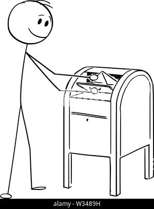 Vector cartoon stick figure dessin illustration conceptuelle de l'homme tomber lettre ou l'enveloppe dans la boîte de courrier électronique ou postal. Illustration de Vecteur