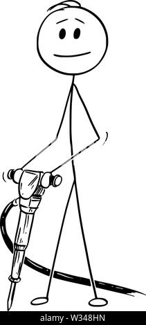 Vector cartoon stick figure dessin illustration conceptuelle de l'homme ou de construction worker holding ou de la route ou de l'air pneumatique marteau ou marteau-piqueur. Illustration de Vecteur