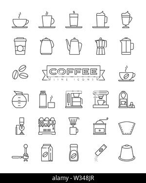 Vecteur café contours icons set. Collection de symboles liés à la préparation de café et d'alcool. Illustration de Vecteur