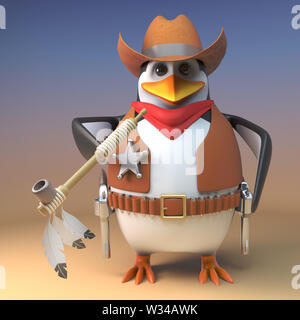 Wild West cow-boy shérif penguin fume la peacepipe en signe de bonne volonté, de rendu 3d illustration Banque D'Images