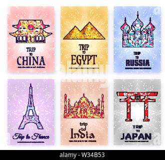 Silhouettes d'attractions touristiques de Chine, Egypte, Russie, France, Inde, Japon sur fond ornemental. Vector set de repères des bannières, des cartes pour des projets de voyage, tourisme. Place pour le texte. Illustration de Vecteur
