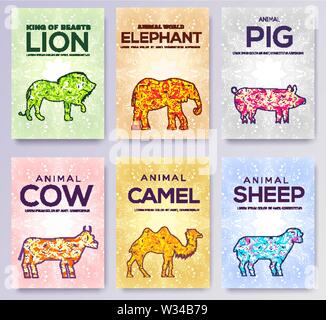 Silhouettes d'animaux sauvages et domestiques avec des organes : le lion, l'éléphant, cochon, vache, chameau, les moutons. Vector set de bannières, cartes, affiches de zoologie, de l'agriculture, de projets. Place pour le texte. Illustration de Vecteur