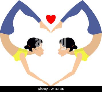 Symbole de yoga ou de gymnastique cardiaque.Symbole de yoga de coeur créé par deux figures de jeune femme isolée sur l'illustration blanche Illustration de Vecteur