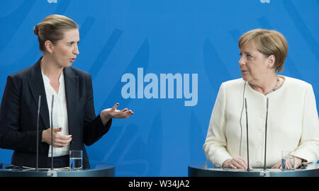 Ministre Président Mette Frederiksen et la Chancelière Angela Merkel point presse du Premier Ministre du Royaume du Danemark et le Chancelier fédéral de la chancellerie à Berlin, Allemagne le 11.07.2019. Dans le monde d'utilisation | Banque D'Images