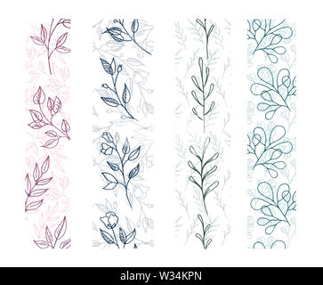 Ensemble de frontières verticales transparente dans un style nordique scandinave, botaniques modèles de rameaux et fleurs - roses, fougères, eucalyptus silverdollar doodles Banque D'Images