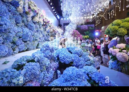 Kunming, province chinoise du Yunnan. 12 juillet, 2019. Personnes visitent la 20e Kunming International Flower Expo de Chine à Kunming International Dianchi Convention and Exhibition Centre à Kunming, capitale du sud-ouest de la province chinoise du Yunnan, le 12 juillet 2019. Plus de 400 exposants de 19 pays assistent à l'expo qui a donné le coup d'ici vendredi. Credit : Qin Qing/Xinhua/Alamy Live News Banque D'Images