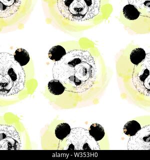 Motif de la main transparente style croquis portraits de panda géant isolé sur fond blanc. Vector illustration. Illustration de Vecteur