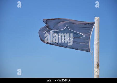 Drapeau noir avec shark volant dans le vent sur un poteau blanc contre un ciel bleu. Banque D'Images
