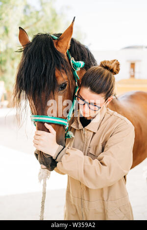 Jeune femme kinésithérapeute en prenant soin d'un cheval brun. Femme faisant un traitement dans l'épaule, Crest, le front, le museau et le menton la gorge. Banque D'Images