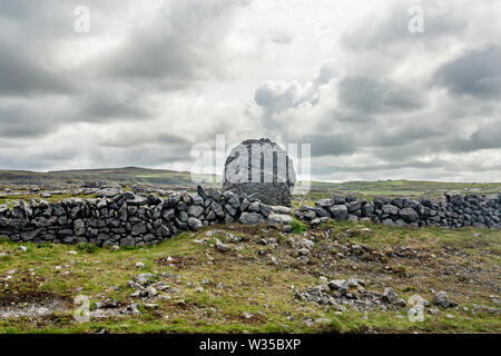 Belle vue dans la vallée de Caher une pierre géante à côté d'une clôture en pierre dans le Burren, façon sauvage de l'Atlantique, merveilleux printemps jour nuageux Banque D'Images