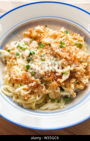 Du Poulet Alfredo crémeux avec pâtes spaghetti parmesan garni de mozzarella et de fromages et de chapelure panko Banque D'Images