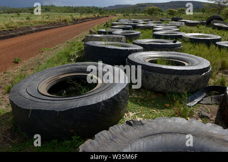 La TANZANIE, Distrikt Tarime, Nyamongo, la filiale canadienne Barrick Gold Mine d'Acacia, les vieux pneus de dumper, derrière des morts-terrains / TANZANIE, Abraumhalden der Acacia Gold Mine, verschlissene Reifen der grossen Dumper auf einer Muellhalde Banque D'Images