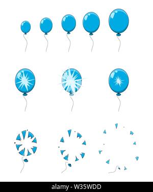 Pop balloon burst, explosion, l'étape d'animation, des cadres isolated on white Illustration de Vecteur