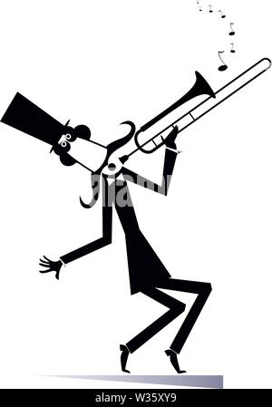Cartoon longues moustaches cygnes.Moustache man in the top hat playing trombone silhouette noir sur blanc Illustration de Vecteur