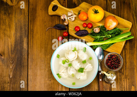 Bouillon chaud avec raviolis et les oignons verts. Studio Photo Banque D'Images