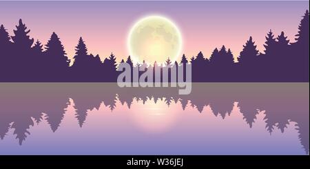 Magnifique lac à la pleine lune forêt de pins nature paysage vector illustration EPS10 Illustration de Vecteur