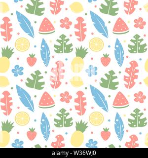 Été tropical coloré mignon vecteur illustration de fond transparent avec hibiscus, des fruits tropicaux et des feuilles exotiques Illustration de Vecteur