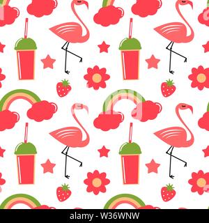 L'été à la main mignon vecteur illustration de fond transparent avec Flamingo, arc-en-ciel, des fleurs, des étoiles, des fraises et des smoothies Illustration de Vecteur