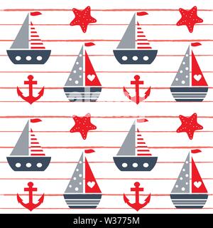 Cute cartoon charmant été rayé marine illustration de fond vectoriel continu avec des bateaux, des ancres et des étoiles Illustration de Vecteur