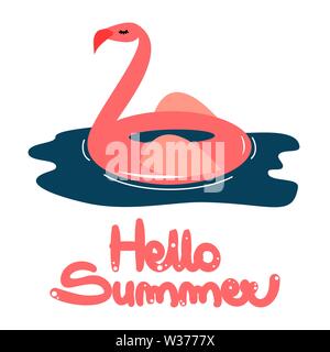 Cute hello summer lettrage dessiné à la main carte vectorielle avec cartoon flamant rose float Illustration de Vecteur