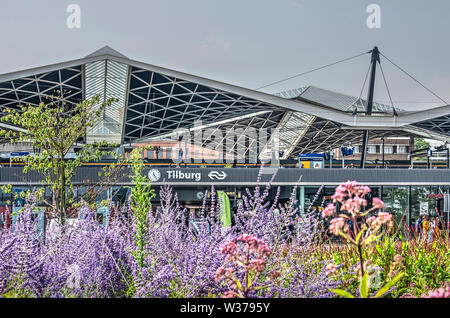 Tilburg, Pays-Bas, le 12 juillet 2019 : la gare centrale et sa spectaculaire construction toit vu par les fleurs dans les lits sur maire van Steke Banque D'Images