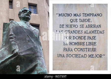 Santiago, Chili - septembre 2, 2017 : La statue de la président chilien Salvador Allende, concaténé avec une phrase de son dernier discours Banque D'Images