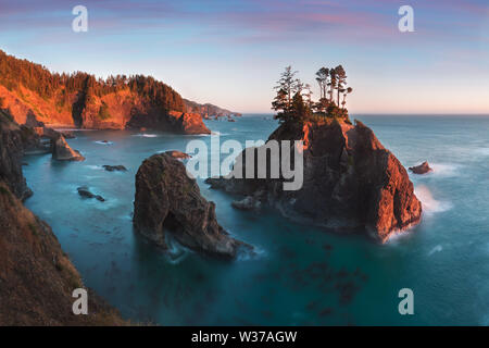 Coucher de soleil au couloir panoramique de l'État de Samuel H. Boardman, Oregon pendant une heure d'or coucher de soleil - rayons du soleil à travers les arbres avec une végétation dense. Belle mer Banque D'Images